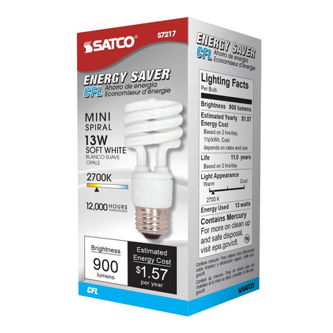 Satco - 13 Watt; Mini Spiral Compact Fluorescent; 2700K; 82 CRI; Medium base; 120 Volt