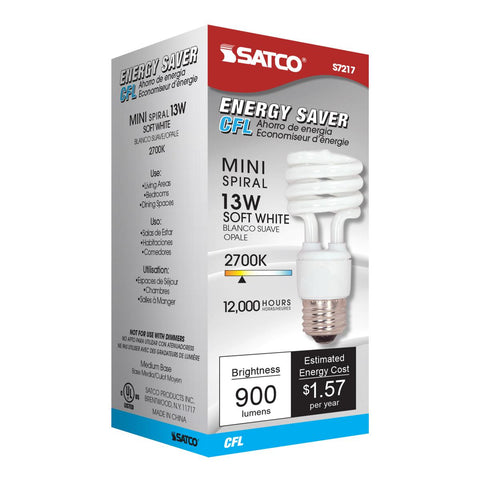 Satco - 13 Watt; Mini Spiral Compact Fluorescent; 2700K; 82 CRI; Medium base; 120 Volt