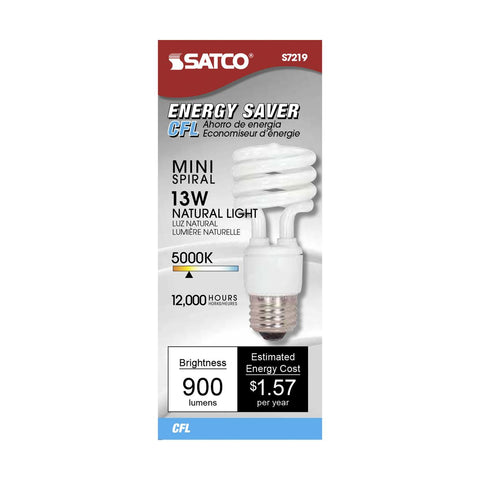 Satco - 13 Watt; Mini Spiral Compact Fluorescent; 5000K; 82 CRI; Medium base; 120 Volt