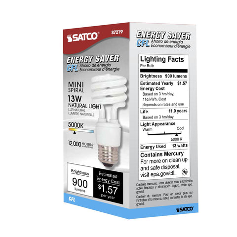 Satco - 13 Watt; Mini Spiral Compact Fluorescent; 5000K; 82 CRI; Medium base; 120 Volt