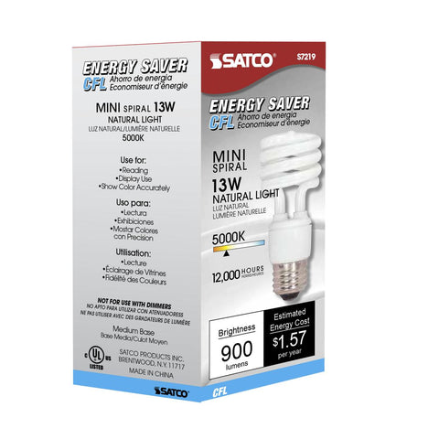 Satco - 13 Watt; Mini Spiral Compact Fluorescent; 5000K; 82 CRI; Medium base; 120 Volt