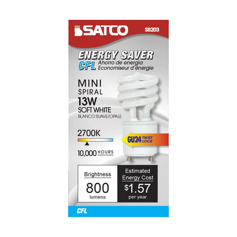 Satco - 13 Watt; Mini Spiral Compact Fluorescent; 2700K; 82 CRI; GU24 base; 120 Volt