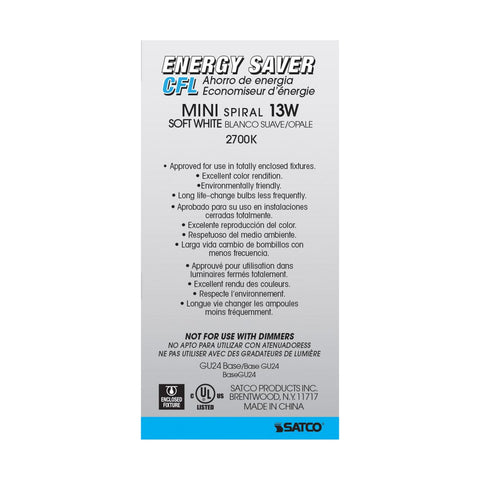 Satco - 13 Watt; Mini Spiral Compact Fluorescent; 2700K; 82 CRI; GU24 base; 120 Volt