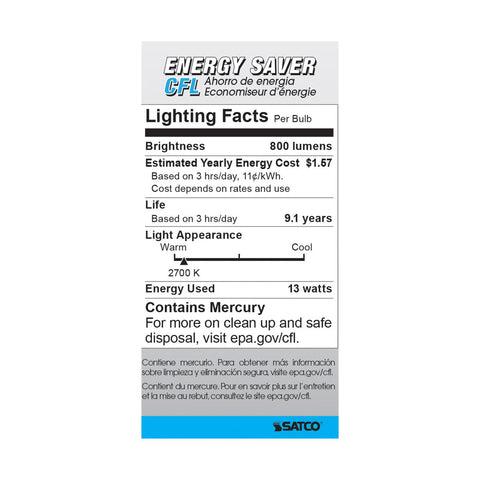 Satco - 13 Watt; Mini Spiral Compact Fluorescent; 2700K; 82 CRI; GU24 base; 120 Volt