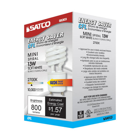 Satco - 13 Watt; Mini Spiral Compact Fluorescent; 2700K; 82 CRI; GU24 base; 120 Volt