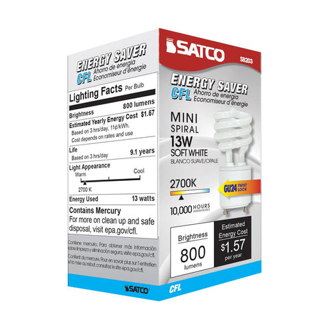 Satco - 13 Watt; Mini Spiral Compact Fluorescent; 2700K; 82 CRI; GU24 base; 120 Volt