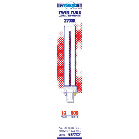 Satco - 13 Watt; pin-based Compact Fluorescent; 2700K; 82 CRI; GX23 base