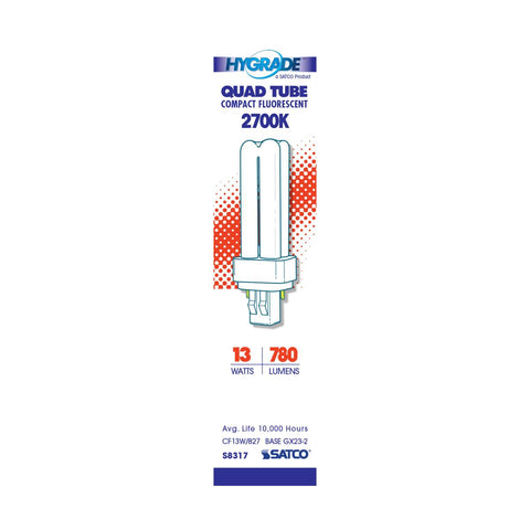 Satco - 13 Watt; pin-based Compact Fluorescent; 2700K; 82 CRI; GX23-2 base