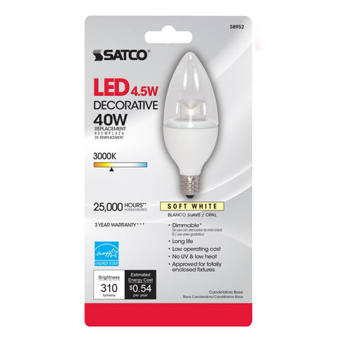 Satco - 4.5 Watt; B11 LED; 3000K; Candelabra base; 120 Volt