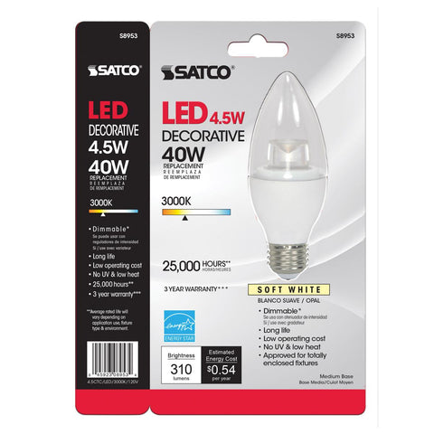 Satco - 4.5 Watt; B11 LED; 3000K; Medium base; 120 Volt