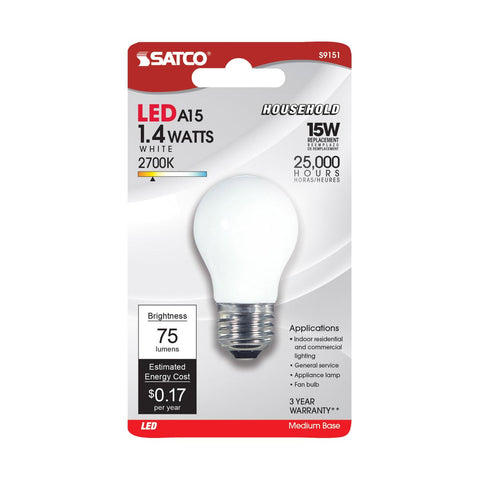 Satco - 1.4 Watt LED; A15; White; 2700K; Medium base; 120 Volt; Carded