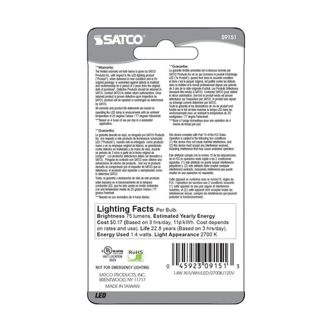 Satco - 1.4 Watt LED; A15; White; 2700K; Medium base; 120 Volt; Carded