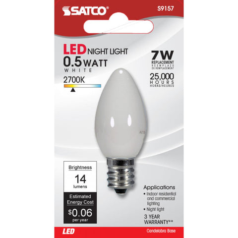 Satco - 0.5 Watt LED; C7; White; 2700K; Candelabra base; 120 Volt; Carded