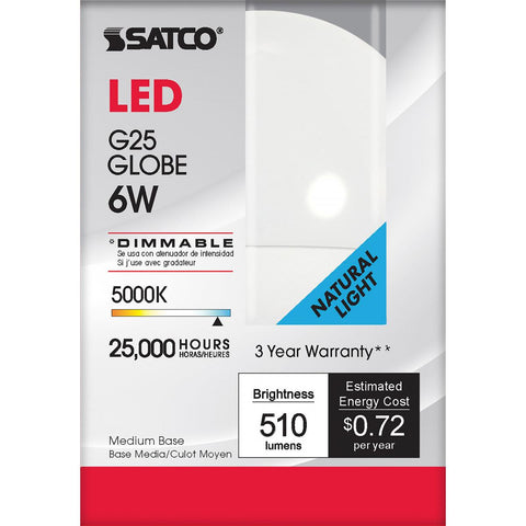Satco - 6 Watt; G25 Globe LED; 5000K; Medium base; 120 Volt