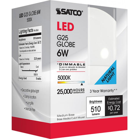 Satco - 6 Watt; G25 Globe LED; 5000K; Medium base; 120 Volt