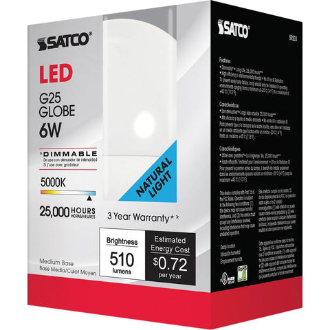 Satco - 6 Watt; G25 Globe LED; 5000K; Medium base; 120 Volt