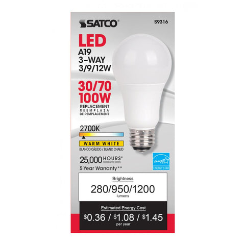 Satco - 3 Watt/9 Watt/12 Watt; A19 LED; 3-way; Frosted; 2700K; Medium base; 220 deg. Beam Angle; 120 Volt