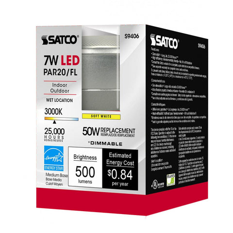 Satco - 7 Watt PAR20 LED; 3000K; 40 deg. Beam Angle; Medium base; 120 Volt