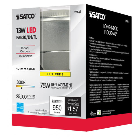 Satco - 13 Watt PAR30 Long Neck LED; 3000K; 40 deg. Beam Angle; Medium base; 120 Volt