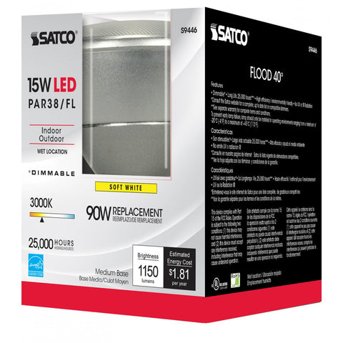 Satco - 15 Watt PAR38 LED; 3000K; 40 deg. Beam Angle; Medium base; 120 Volt