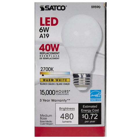 Satco - 6 Watt; A19 LED; Frosted; 2700K Medium base; 220 deg. Beam Angle; 120 Volt; Non-Dimmable