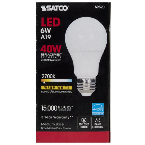 Satco - 6 Watt; A19 LED; Frosted; 2700K Medium base; 220 deg. Beam Angle; 120 Volt; Non-Dimmable