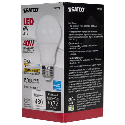 Satco - 6 Watt; A19 LED; Frosted; 2700K Medium base; 220 deg. Beam Angle; 120 Volt; Non-Dimmable