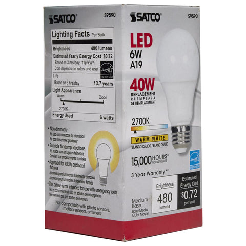 Satco - 6 Watt; A19 LED; Frosted; 2700K Medium base; 220 deg. Beam Angle; 120 Volt; Non-Dimmable