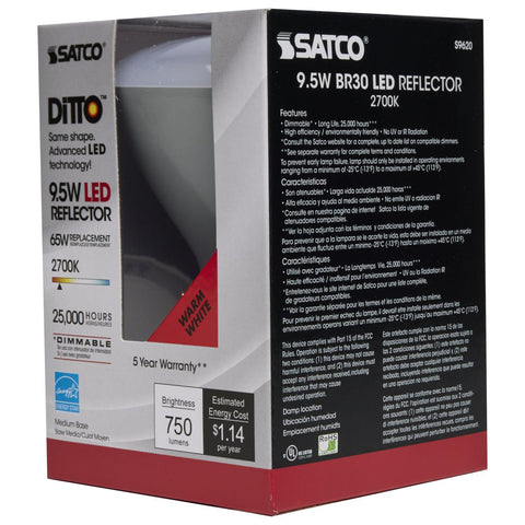 Satco - 9.5 Watt; BR30 LED; 105 deg. Beam Angle; 2700K; Medium base; 120 Volt; Dimmable