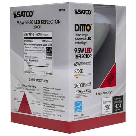 Satco - 9.5 Watt; BR30 LED; 105 deg. Beam Angle; 2700K; Medium base; 120 Volt; Dimmable