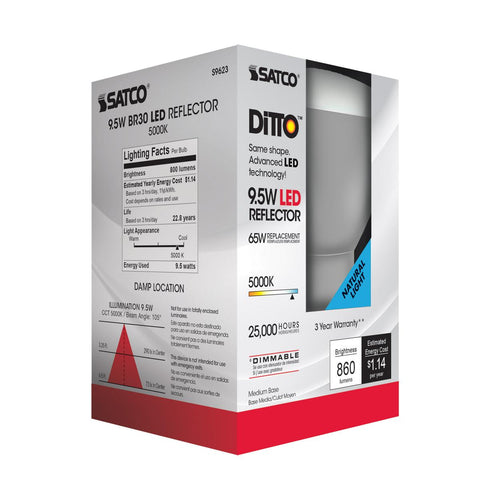Satco - 9.5 Watt; BR30 LED; 105 deg. Beam Angle; 5000K; Medium base; 120 Volt; Dimmable