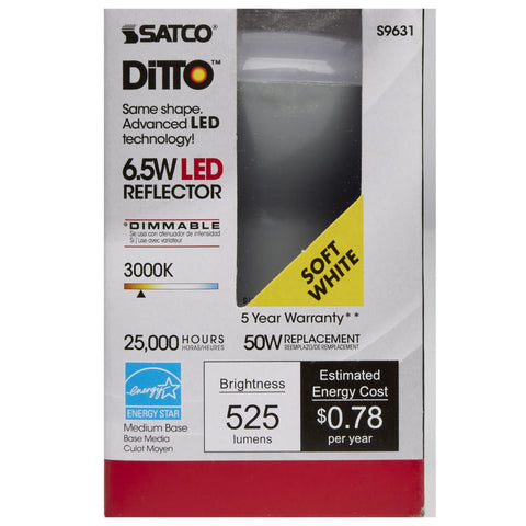 Satco - 6.5 Watt; LED R20; 3000K; 107 deg. Beam Angle; Medium base; 120 Volt; Dimmable