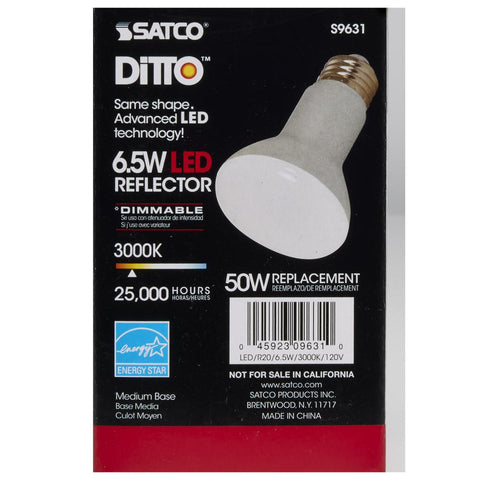 Satco - 6.5 Watt; LED R20; 3000K; 107 deg. Beam Angle; Medium base; 120 Volt; Dimmable
