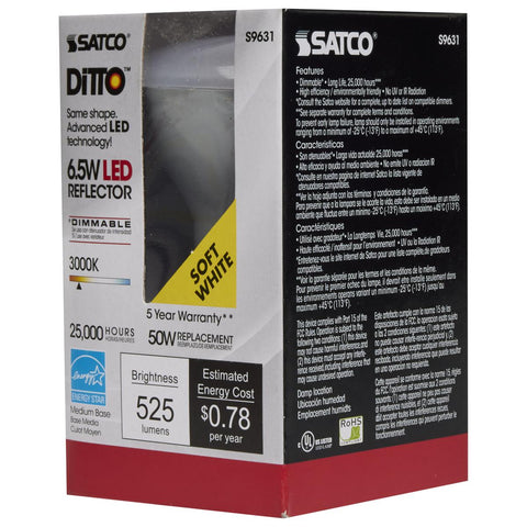 Satco - 6.5 Watt; LED R20; 3000K; 107 deg. Beam Angle; Medium base; 120 Volt; Dimmable