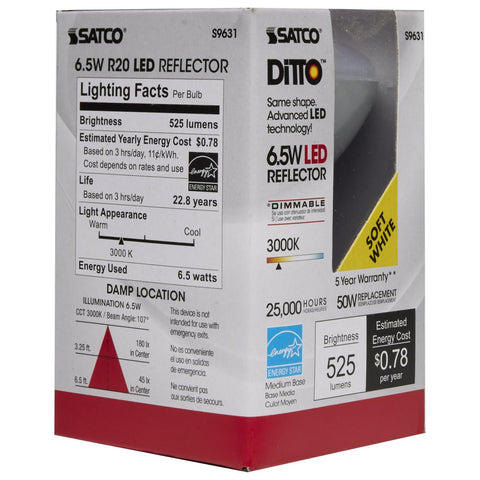 Satco - 6.5 Watt; LED R20; 3000K; 107 deg. Beam Angle; Medium base; 120 Volt; Dimmable