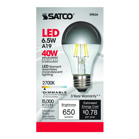Satco - 6.5 Watt A19 LED; Silver crown; Medium base; 2700K; 650 Lumens; 120 Volt