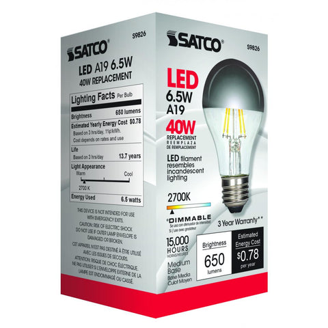 Satco - 6.5 Watt A19 LED; Silver crown; Medium base; 2700K; 650 Lumens; 120 Volt