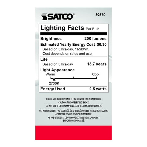 Satco - 2.5 Watt G16.5 LED; Clear; Candelabra base; 2700K; 200 Lumens; 120 Volt