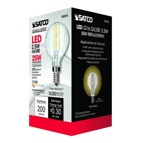 Satco - 2.5 Watt G16.5 LED; Clear; Candelabra base; 2700K; 200 Lumens; 120 Volt