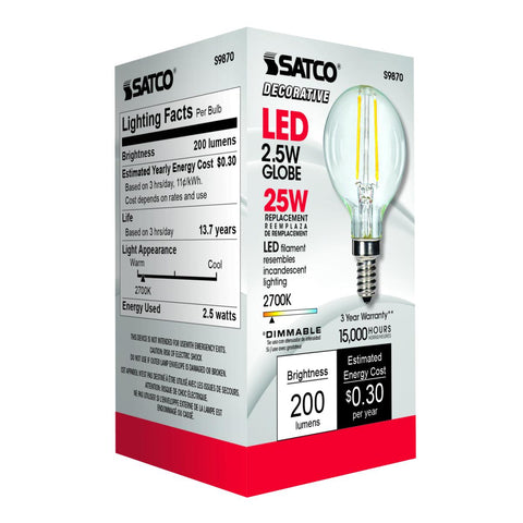 Satco - 2.5 Watt G16.5 LED; Clear; Candelabra base; 2700K; 200 Lumens; 120 Volt