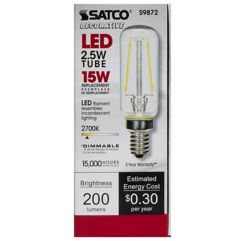 Satco - 2.5 Watt T6 LED; Clear; Candelabra base; 2700K; 200 Lumens; 120 Volt