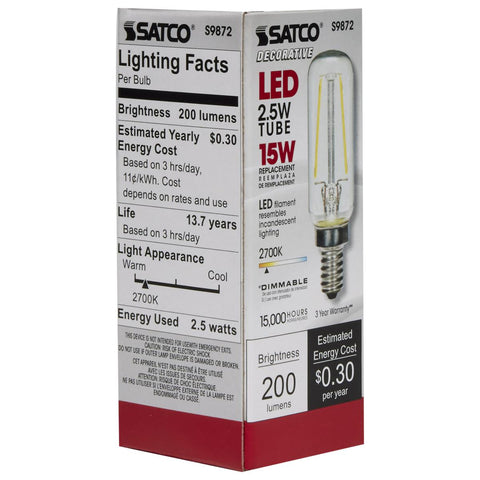 Satco - 2.5 Watt T6 LED; Clear; Candelabra base; 2700K; 200 Lumens; 120 Volt