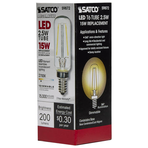 Satco - 2.5 Watt T6 LED; Clear; Candelabra base; 2700K; 200 Lumens; 120 Volt