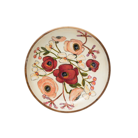 8" Round x 1-1/2"H Enameled Acacia Wood Bowl w/ Flowers