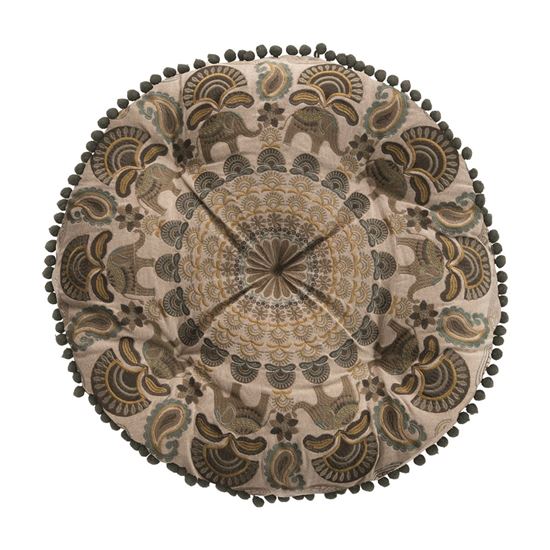 16" Round Cotton Embroidered Pillow W/ Elephants & Pom Poms - VSHESD319