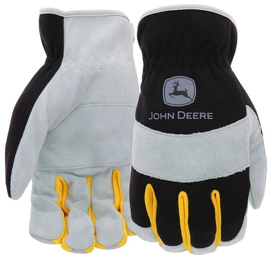 John Deere JD86020-XL Work Gloves, Slip-On, Men's, XL, Keystone Thumb, Shirred Cuff, Spandex Back, Black/Gray