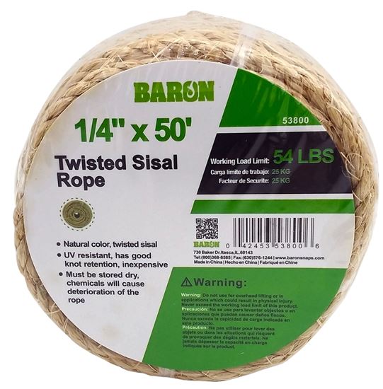 Baron 53800 Twisted Sisal Rope, 1/4 inch x 50 Feet