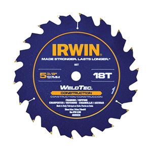 Irwin Marathon 4935203 Circular Saw Blade, 5-3/8 in Dia, 0.39 in Arbor, 18-Teeth, Carbide Cutting Edge