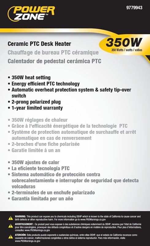 PowerZone HT1193 Ceramic PTC Desk Heater, 2.92 A, 120 V, 350 W Heating, 1-Heating Stage, Black - VORG9779943