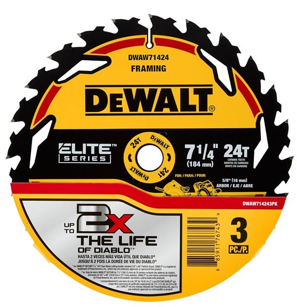 DeWALT ELITE Series DWAW714243PK Circular Saw Blade, 7-1/4 in Dia, 5/8 in Arbor, 24-Teeth